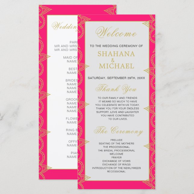 Indian Style Pink Gold Motif Programme de mariage (Devant / Derrière)