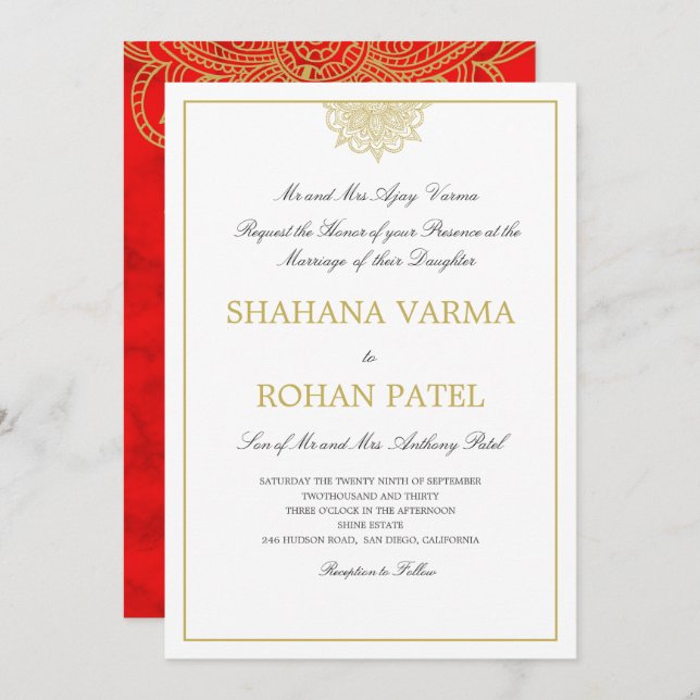 Indian Style Red Marbled Gold Coloured Wedding Invitation (Front/Back)