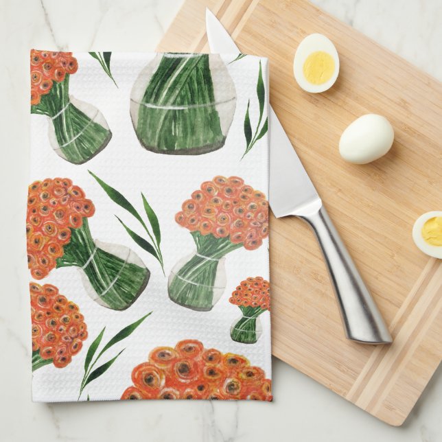 Indian Summer Italian Ranunculus Watercolor Kitchen Towel (Quarter Fold)