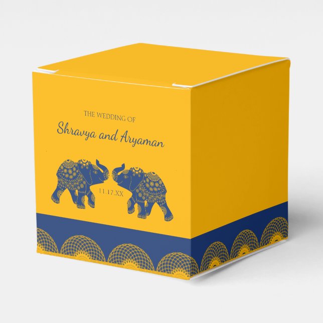 Indian Themed Elephants in Royal Blue Wedding  Favor Box (Front Side)