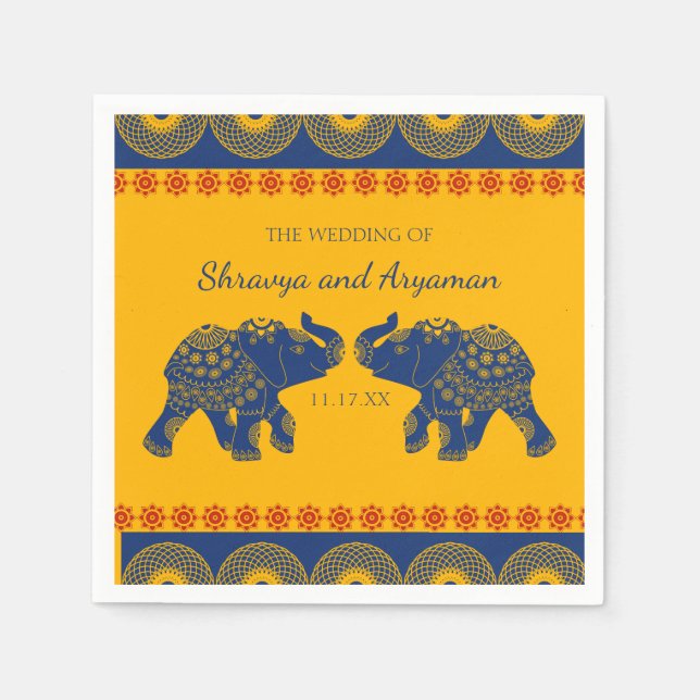Indian Themed Elephants in Royal Blue Wedding  Napkin (Front)