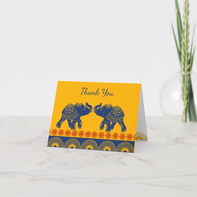 Indian Themed Elephants in Royal Blue Wedding  Thank You Card (Front)