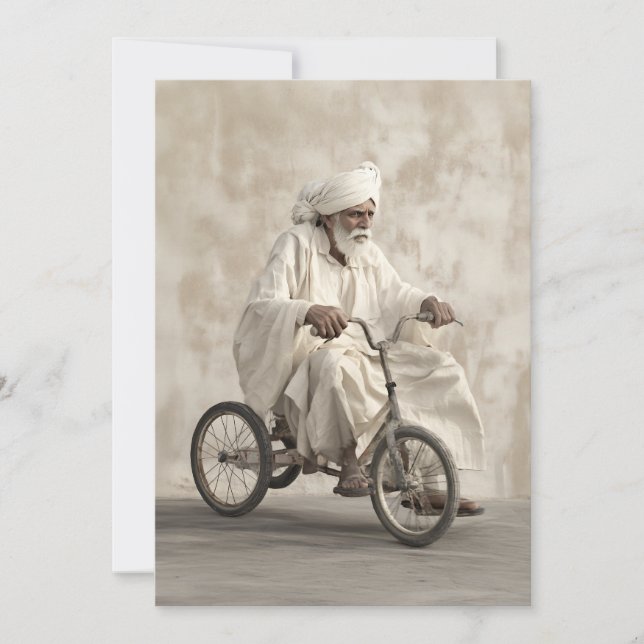 Indian Traditional Attire Riding Vintage Tricycle Invitation (Front)