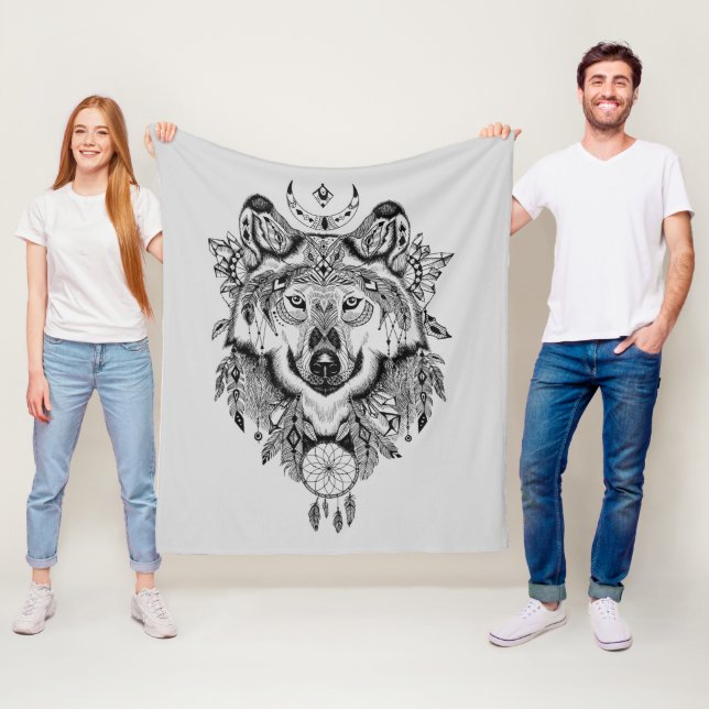 Indian Tribal Wolf Fleece Blanket (In Situ)