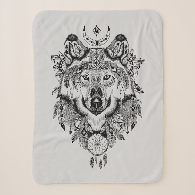 Indian Tribal Wolf Sherpa Blanket (Front)