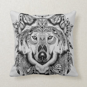 Indian Tribal Wolf Throw Pillow