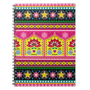 Indian truck art floral seamless folk art pattern, notebook