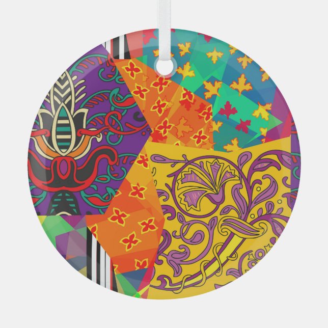 Indian Turkish Festive Patchwork Mandala Glass Ornament (Front)