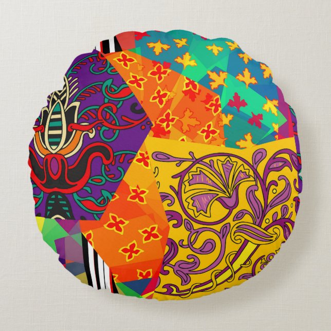 Indian Turkish Festive Patchwork Mandala Round Pillow (Front)