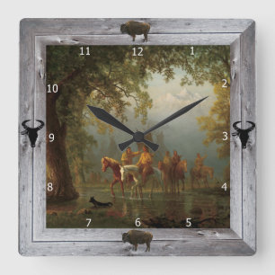 INDIAN WAR PARTY SQUARE WALL CLOCK