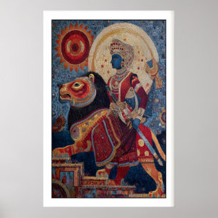 Indian Warrior Print Mosaic Lion Rider - Blue