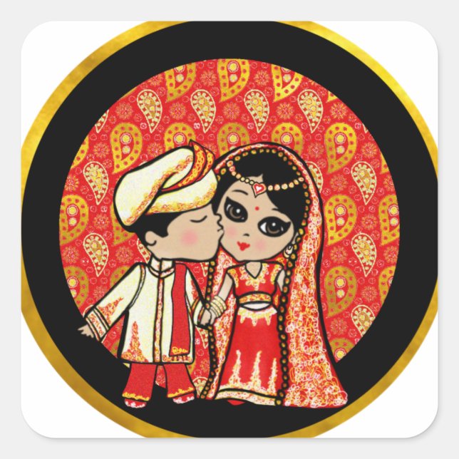 Indian Wedding Cute Bride Groom Cartoon Customized Square Sticker (Front)