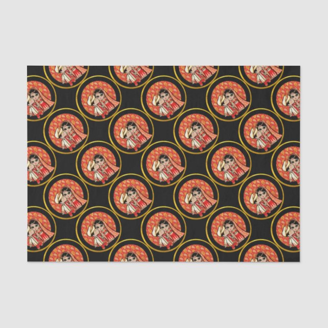 Indian Wedding Cute Bride Groom Cartoon Customized Tissue Paper (Front)