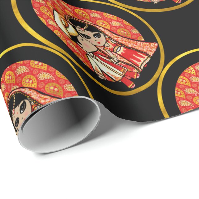 Indian Wedding Cute Bride Groom Cartoon Customized Wrapping Paper (Roll Corner)