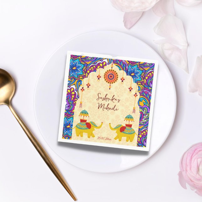 Indian wedding elephants blue pattern personalized napkin (Indian wedding personalized napkins whimsical playful wedding elephants arch border oriental pattern)
