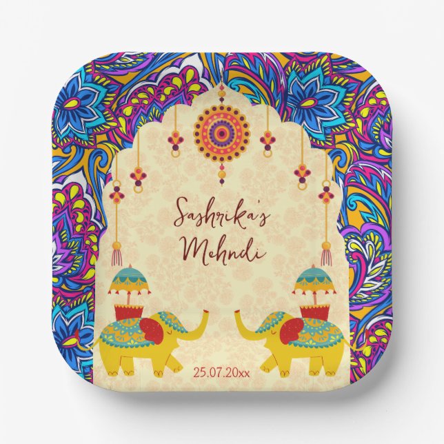 Indian wedding elephants blue pattern personalized paper plate (Front)