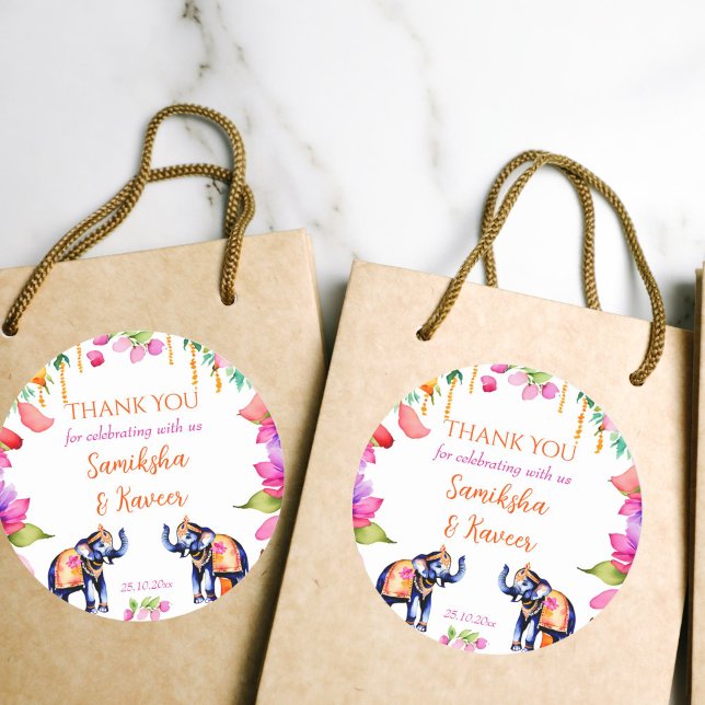 Indian wedding elephants cerise flowers favour gif classic round sticker (Indian wedding elephants cerise flowers wedding favor gift thank you stickers Indian wedding favors)