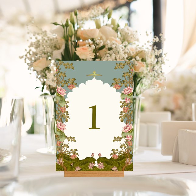 Indian Wedding Floral Lotus Oriental   Table Number (Indian Wedding Floral Teal Lotus Roses Table Number)