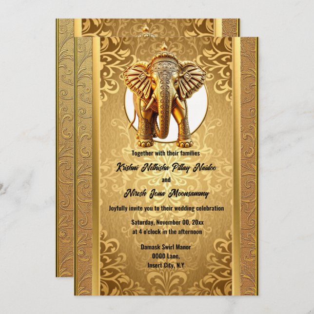 Indian wedding gold black elephants damask asian  invitation (Front/Back)
