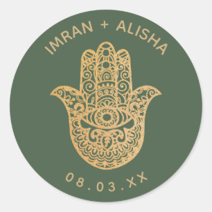Indian Wedding Gold Bottle Green hamsa Henna Classic Round Sticker