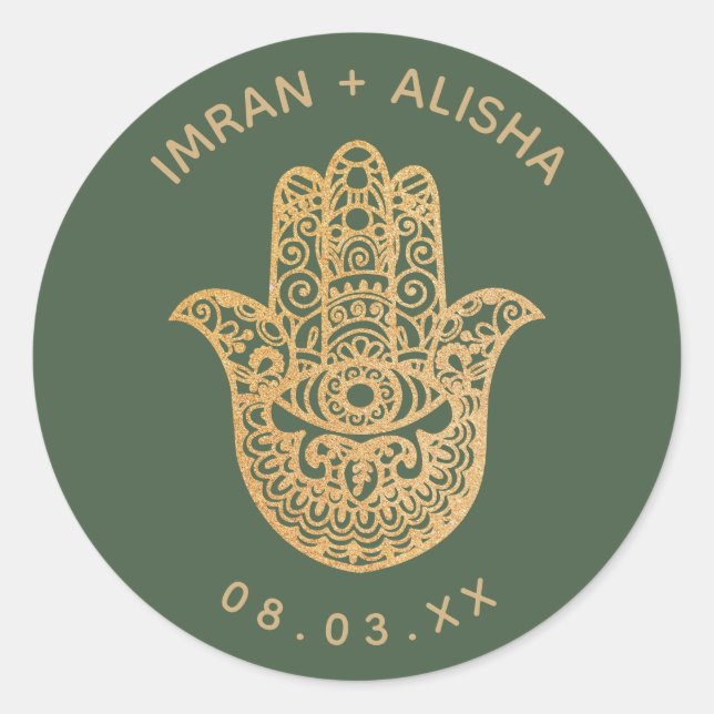 Indian Wedding Gold Bottle Green hamsa Henna Classic Round Sticker (Front)