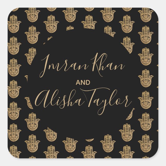 Indian Wedding Gold hamsa Henna Announcement Square Sticker (Front)