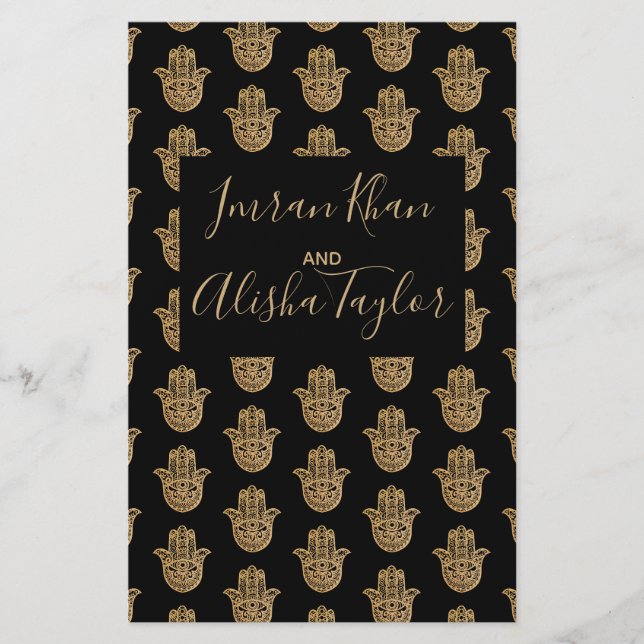 Indian Wedding Gold hamsa Henna Announcement Stationery (Front)
