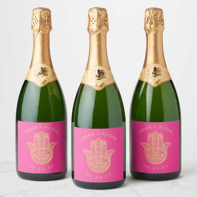 Indian Wedding Gold hamsa Henna Fuchsia Pink Sparkling Wine Label (Bottles)