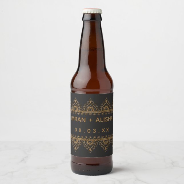 Indian Wedding Gold Henna Paisley Black Beer Bottle Label (Front)