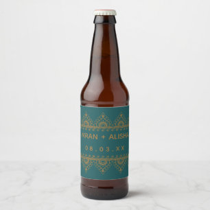 Indian Wedding Gold Henna Paisley Teal Blue Beer Bottle Label