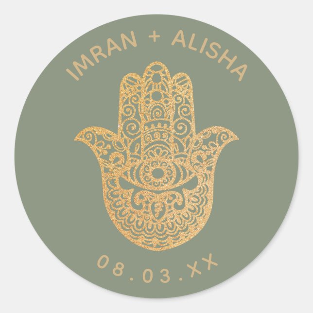 Indian Wedding Gold Sage Green hamsa Henna Classic Round Sticker (Front)