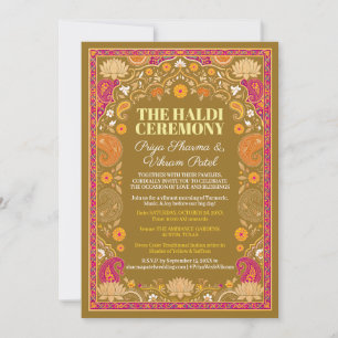 Indian Wedding Haldi Card Olive Pink Paisley
