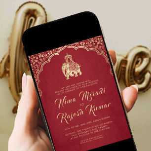 Indian Wedding Invitation, Red, Gold, Ganesha  Inv Invitation