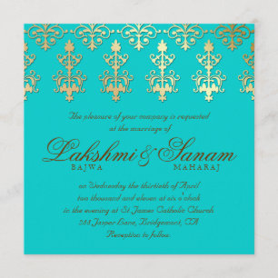 Indian Wedding Invite Damask Gold Autumn Teal