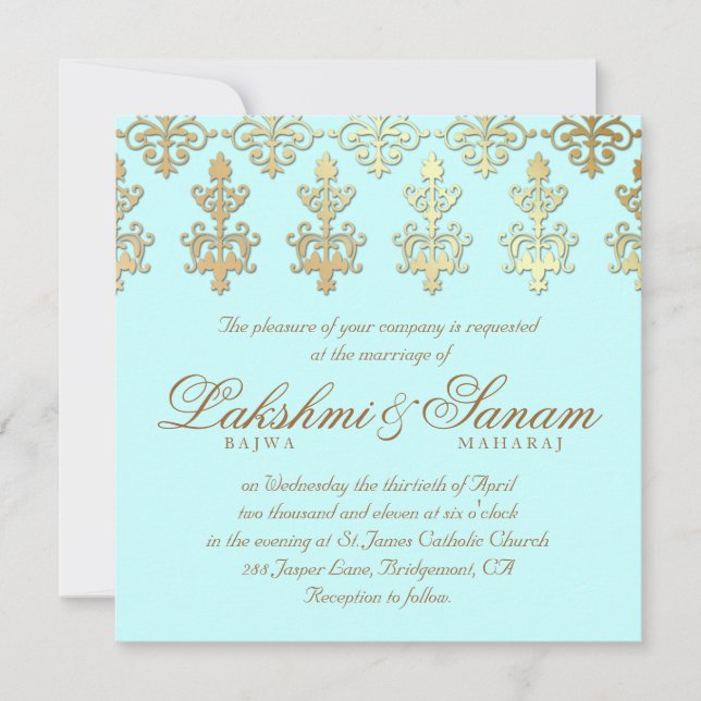 Indian Wedding Invite Damask Gold Baby Blue (Front)