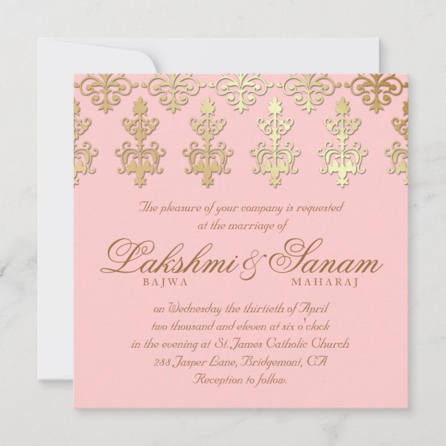 Indian Wedding Invite Damask Gold Baby Pink (Front)