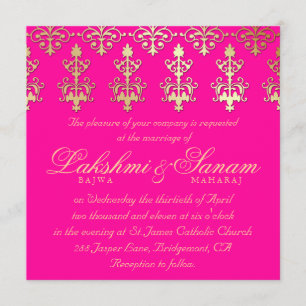 Indian Wedding Invite Damask Gold Hot Pink