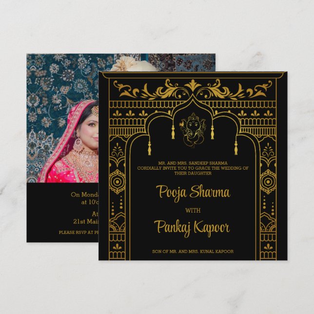  Indian Wedding Mandap Ganesha Gold Script Photo Invitation (Front/Back)