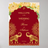 Indian wedding maroon gold elephant lotus welcome 
