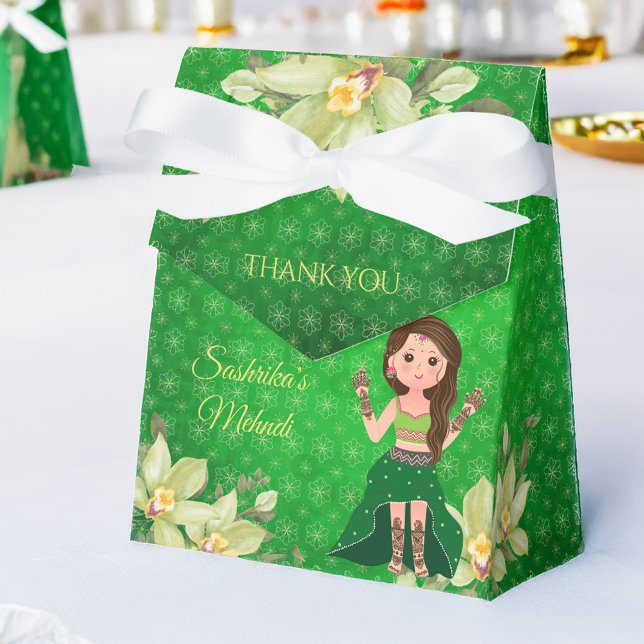 Indian wedding Mehndi green cartoon favor Favor Box (Indian wedding Mehndi favors green cute cartoon girl personalized favor gift  Boxes)