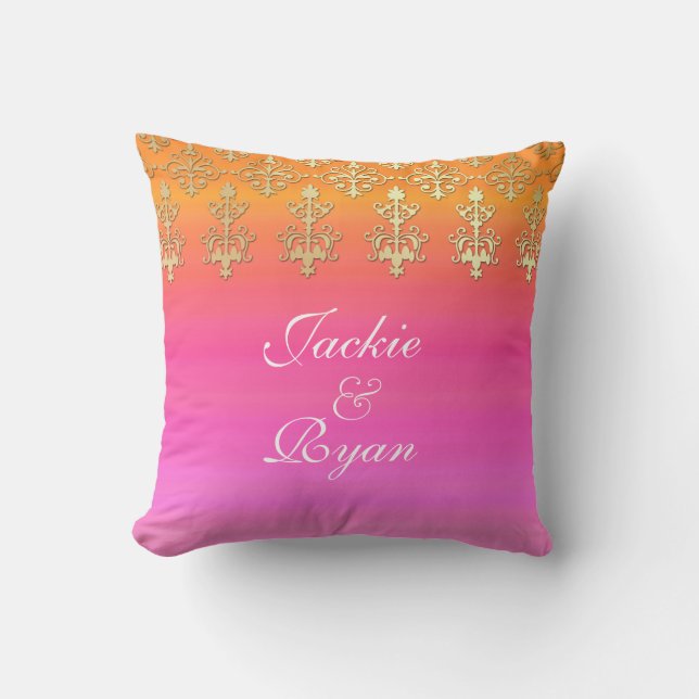 Indian Wedding Monogram Pink Gold Throw Pillow (Front)