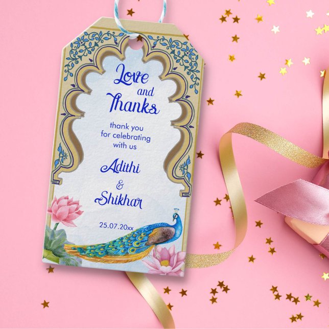 Indian wedding peacock Rajasthan window blue Gift Tags (Indian wedding favor gift tags Rajasthan window blue peacock lotus personalized wedding favor tags)