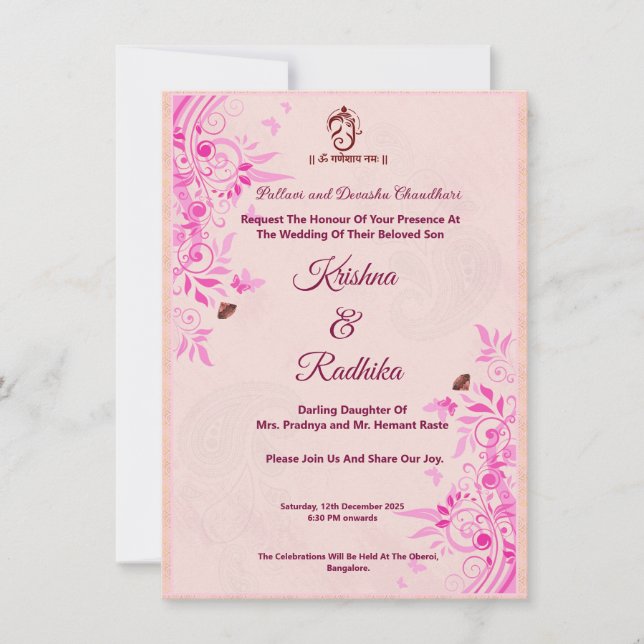 Indian wedding Pink Ganesha  Announcement (Front)