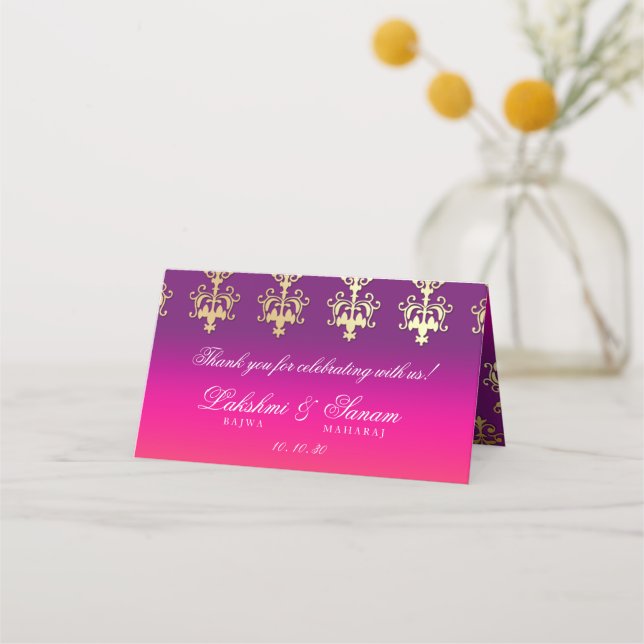 Indian Wedding Pink Purple Orange  Place Card (Front)