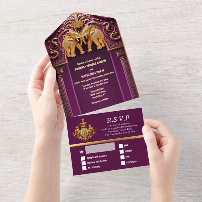 Indian wedding plum gold elephants luxurious asian all in one invitation (Tearaway)