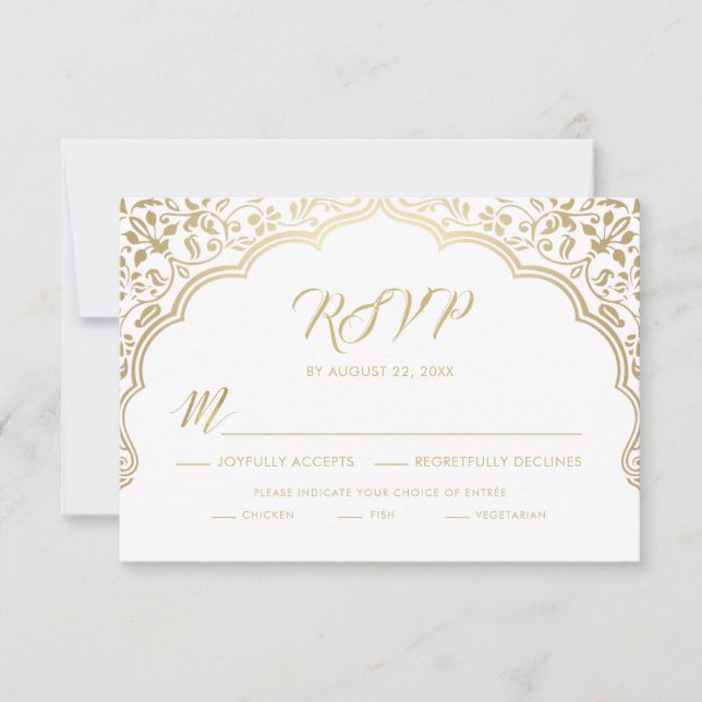 Indian Wedding RSVP Card, White and Gold (Front)
