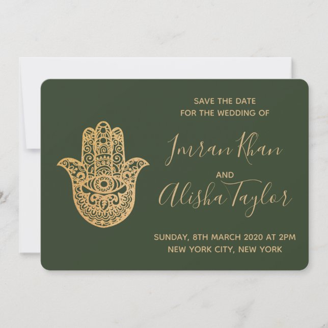 Indian Wedding Save the date Gold hamsa Henna (Front)