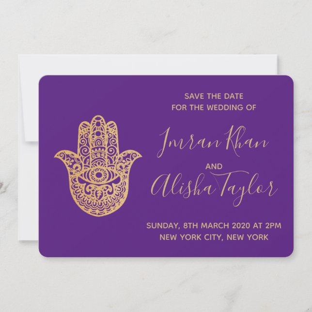 Indian Wedding Save the date Gold hamsa Henna (Front)