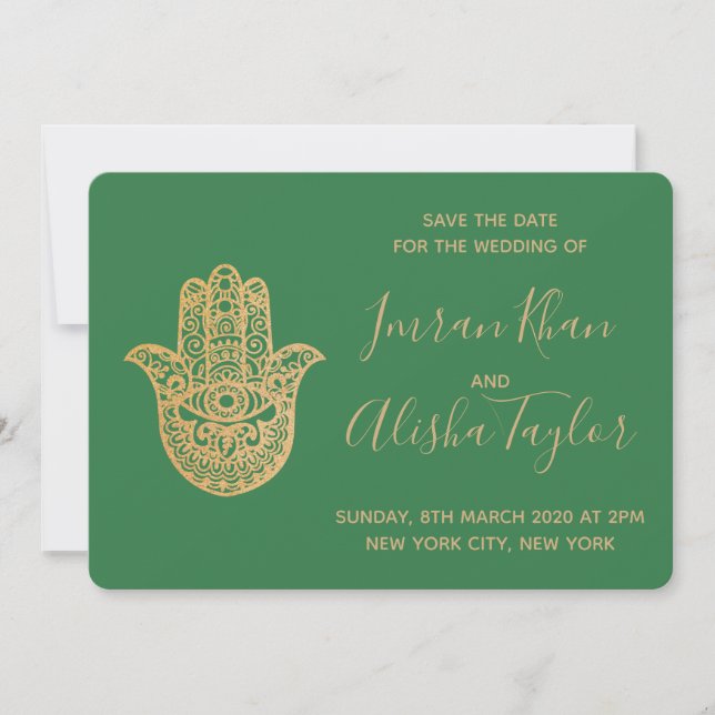 Indian Wedding Save the date Gold hamsa Henna (Front)