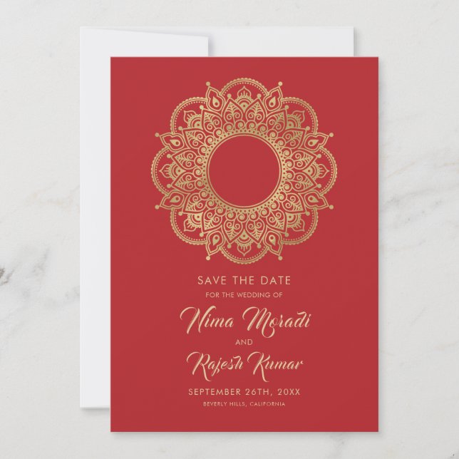Indian Wedding, Save The Date, Red and Gold Date (Front)